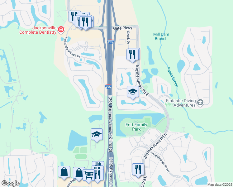 map of restaurants, bars, coffee shops, grocery stores, and more near 7990 Baymeadows Road East in Jacksonville