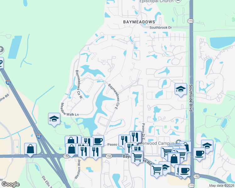 map of restaurants, bars, coffee shops, grocery stores, and more near 7900 Baymeadows Circle East in Jacksonville