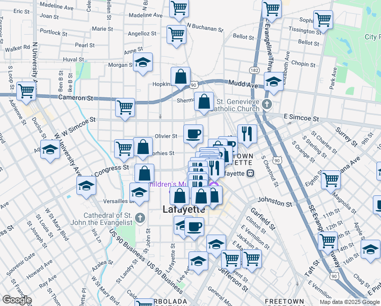 map of restaurants, bars, coffee shops, grocery stores, and more near 518 South Pierce Street in Lafayette