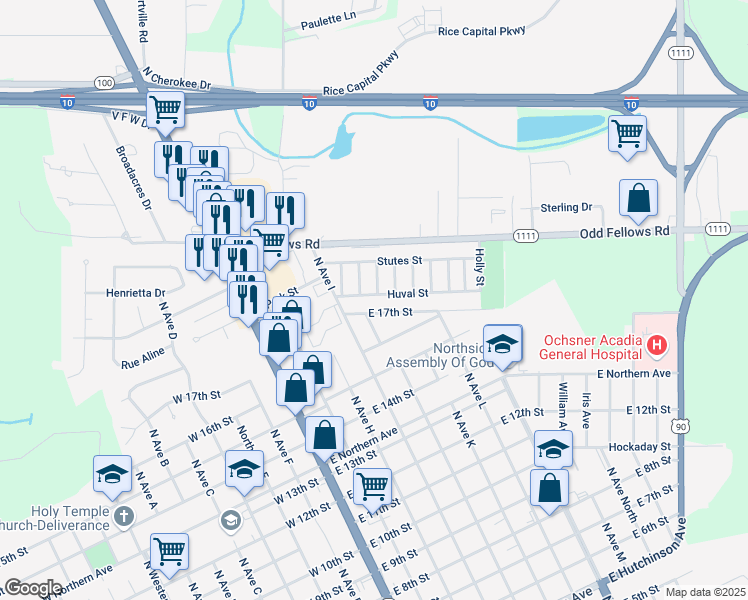 map of restaurants, bars, coffee shops, grocery stores, and more near 505 East 17th Street in Crowley