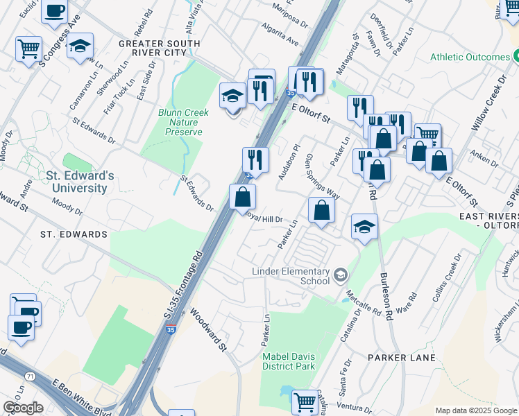 map of restaurants, bars, coffee shops, grocery stores, and more near 1626a Royal Hill Drive in Austin