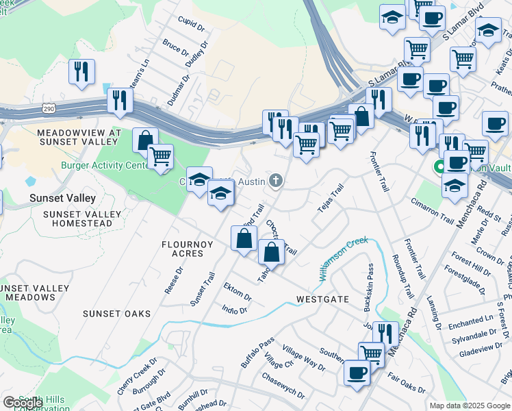 map of restaurants, bars, coffee shops, grocery stores, and more near 4810 West Wind Trail in Austin