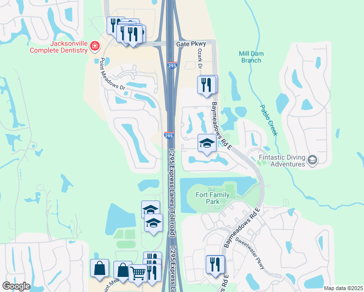 map of restaurants, bars, coffee shops, grocery stores, and more near 7990 Baymeadows Road East in Jacksonville