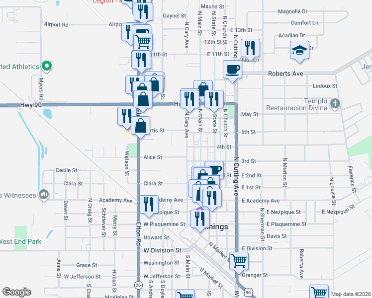 map of restaurants, bars, coffee shops, grocery stores, and more near 803-899 N Cary Ave in Jennings