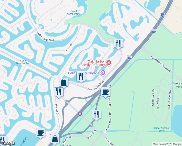 map of restaurants, bars, coffee shops, grocery stores, and more near 45 Oak Tree Drive in Slidell