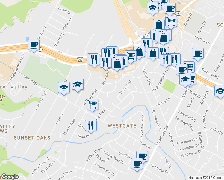map of restaurants, bars, coffee shops, grocery stores, and more near 4700 Sagebrush Trail in Austin
