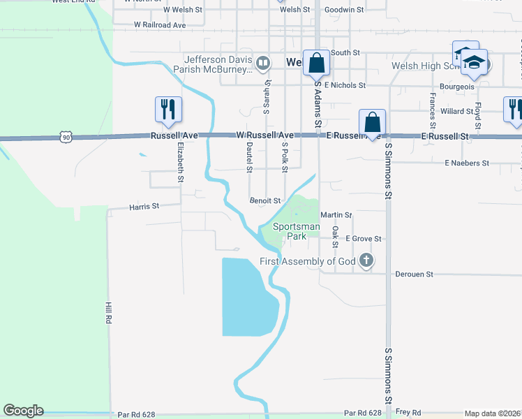 map of restaurants, bars, coffee shops, grocery stores, and more near 401 Benoit Street in Welsh