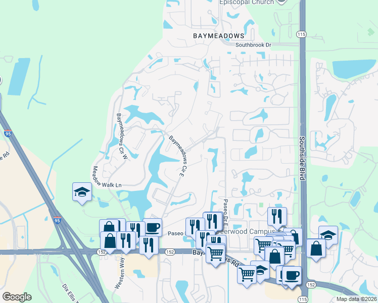 map of restaurants, bars, coffee shops, grocery stores, and more near 45 Baymeadows Circle East in Jacksonville