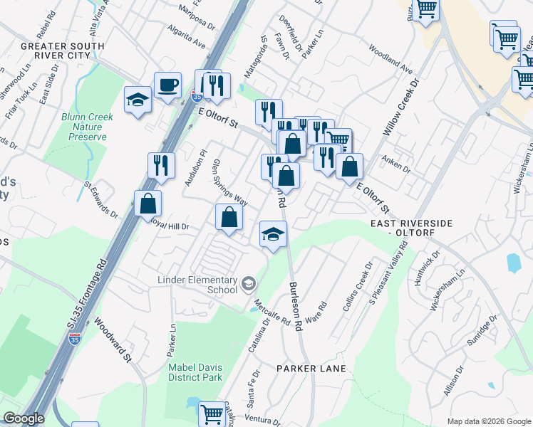map of restaurants, bars, coffee shops, grocery stores, and more near 2000 Iroquois Lane in Austin