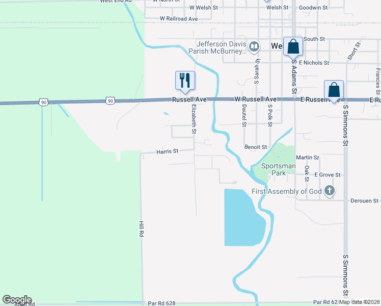 map of restaurants, bars, coffee shops, grocery stores, and more near 403 Elizabeth Street in Welsh