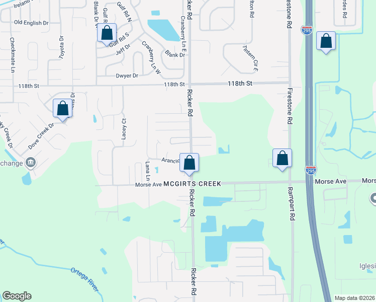 map of restaurants, bars, coffee shops, grocery stores, and more near 6671 Ricker Road in Jacksonville