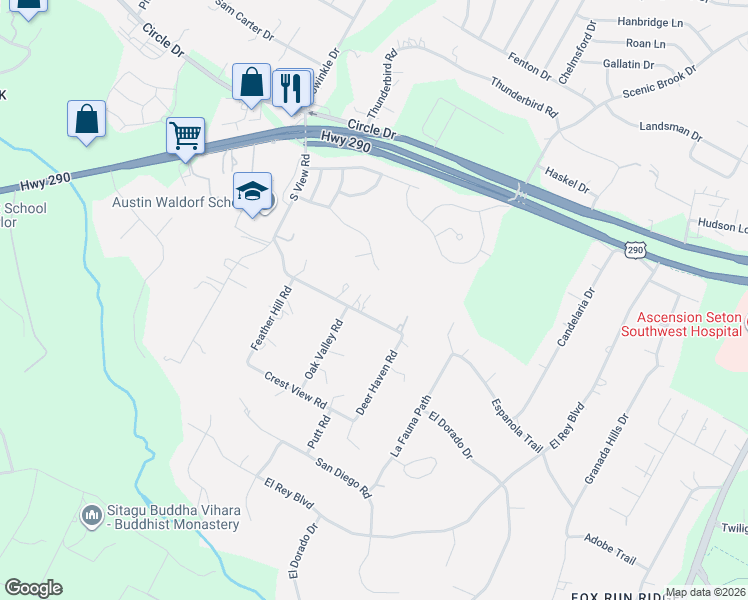 map of restaurants, bars, coffee shops, grocery stores, and more near 8715 South View Road in Austin