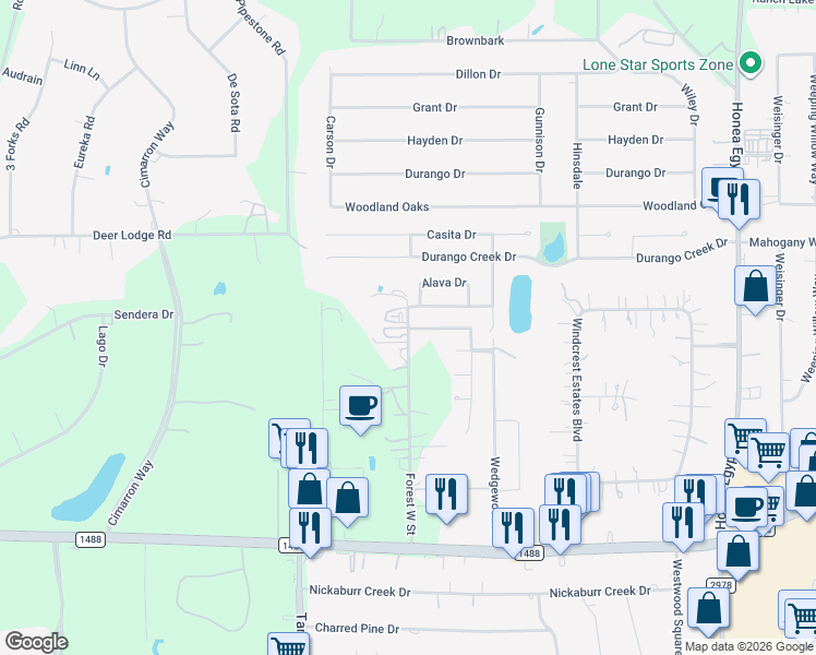 map of restaurants, bars, coffee shops, grocery stores, and more near 7327 Winter Song Drive in Magnolia