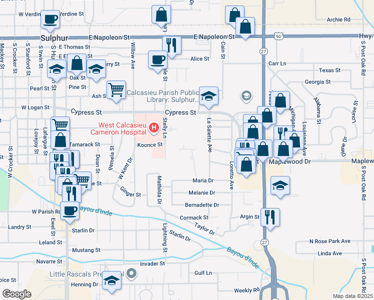 map of restaurants, bars, coffee shops, grocery stores, and more near 913 Lilliput in Sulphur