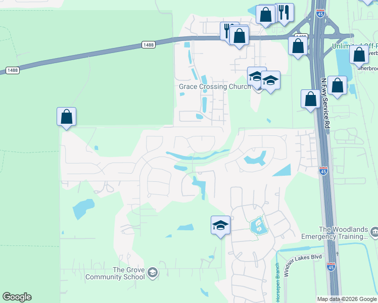 map of restaurants, bars, coffee shops, grocery stores, and more near 2043 Bluestem Drive in Conroe