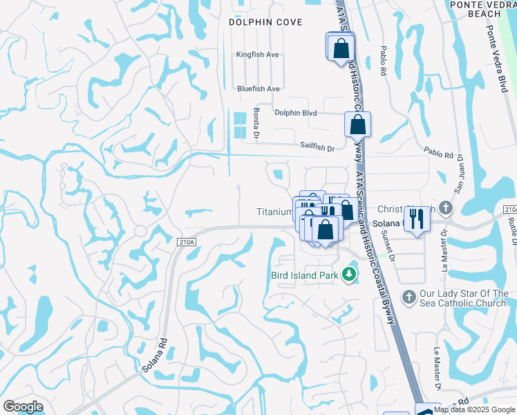 map of restaurants, bars, coffee shops, grocery stores, and more near 405 Solana Road in Ponte Vedra Beach