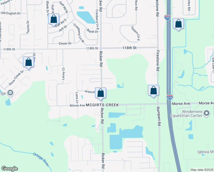 map of restaurants, bars, coffee shops, grocery stores, and more near 6671 Ricker Road in Jacksonville