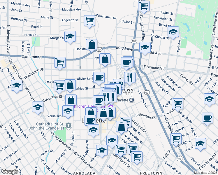map of restaurants, bars, coffee shops, grocery stores, and more near 326 South Buchanan Street in Lafayette