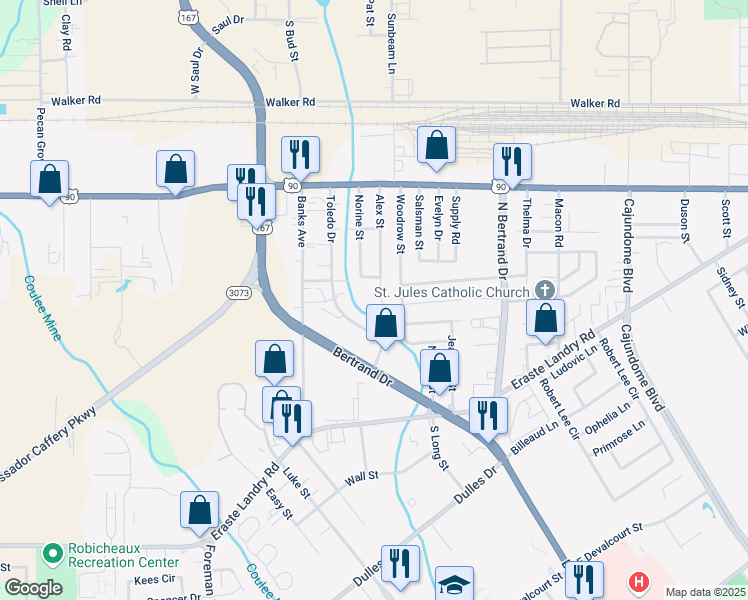 map of restaurants, bars, coffee shops, grocery stores, and more near 242 Woodrow Street in Lafayette