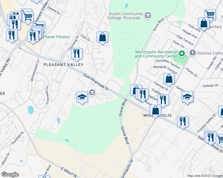 map of restaurants, bars, coffee shops, grocery stores, and more near 11 Rivers Edge Way in Austin