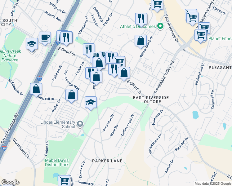 map of restaurants, bars, coffee shops, grocery stores, and more near 2347 Douglas Street in Austin
