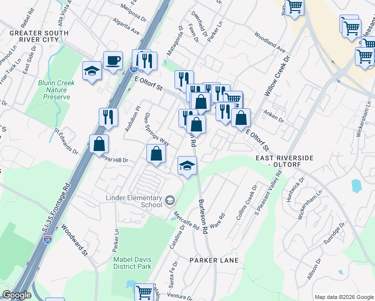 map of restaurants, bars, coffee shops, grocery stores, and more near 2508 Burleson Road in Austin