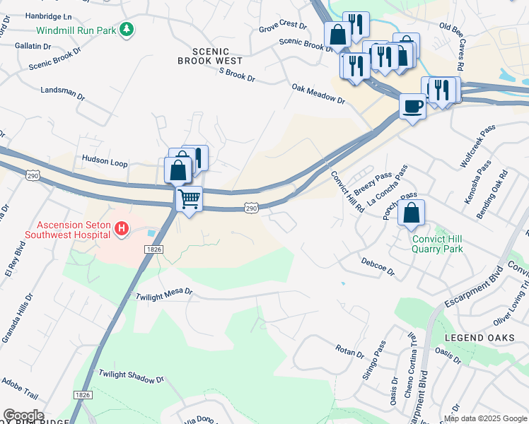 map of restaurants, bars, coffee shops, grocery stores, and more near 7631 U.S. 290 in Austin