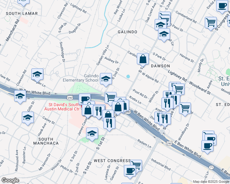 map of restaurants, bars, coffee shops, grocery stores, and more near 706 West Ben White Boulevard in Austin