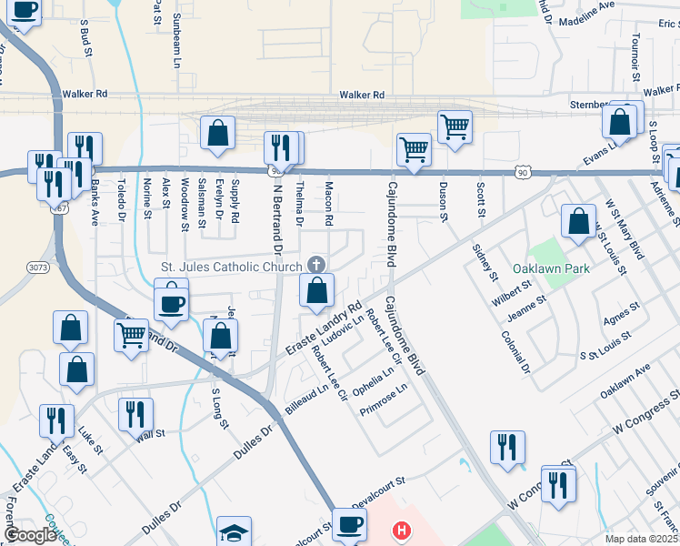 map of restaurants, bars, coffee shops, grocery stores, and more near 418 Connie Circle in Lafayette