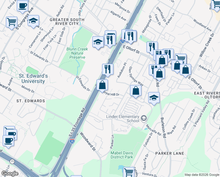 map of restaurants, bars, coffee shops, grocery stores, and more near 1626a Royal Hill Drive in Austin