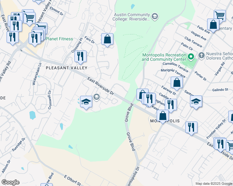 map of restaurants, bars, coffee shops, grocery stores, and more near 11 Rivers Edge Way in Austin