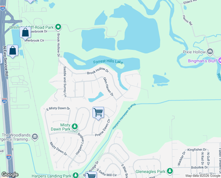 map of restaurants, bars, coffee shops, grocery stores, and more near 713 Glen Haven Drive in Conroe