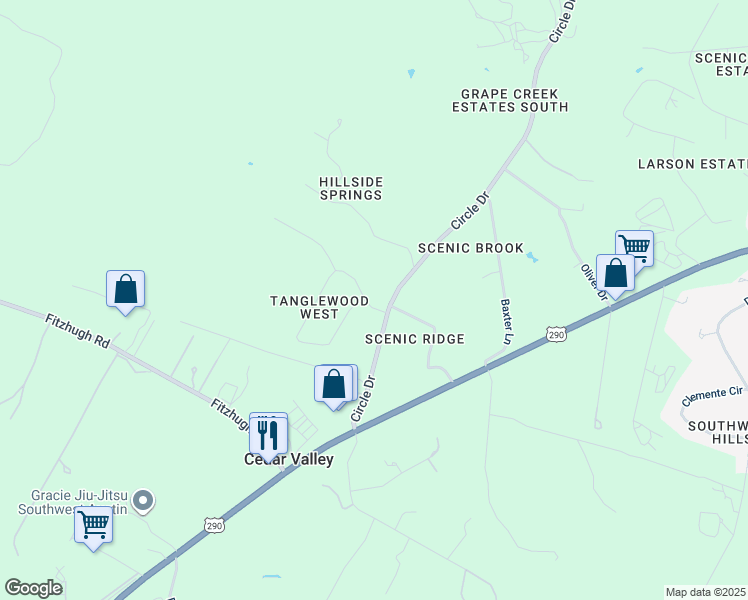 map of restaurants, bars, coffee shops, grocery stores, and more near 10900 Tangleridge Circle in Austin