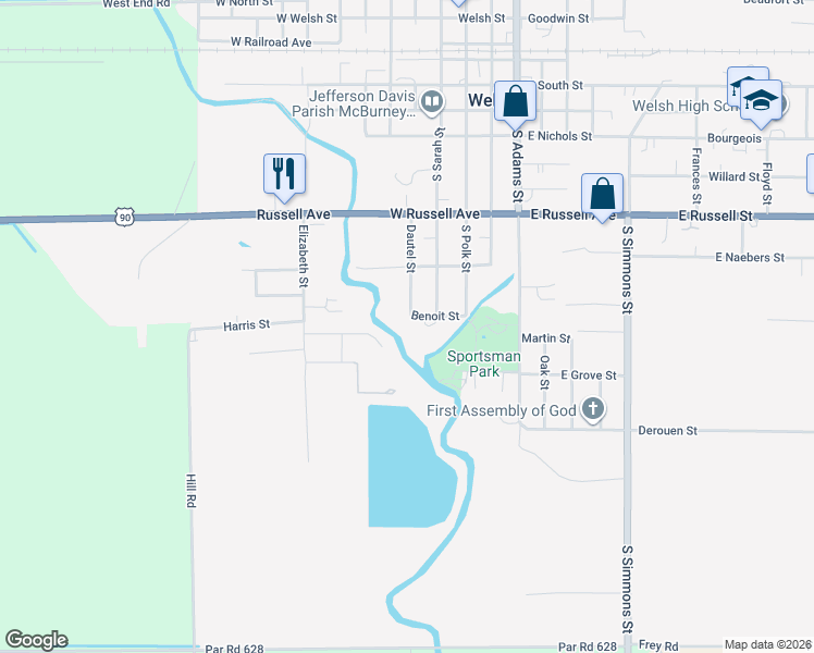 map of restaurants, bars, coffee shops, grocery stores, and more near 401 Benoit Street in Welsh