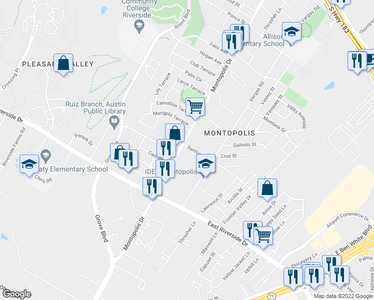map of restaurants, bars, coffee shops, grocery stores, and more near 6305 Santos Street in Austin