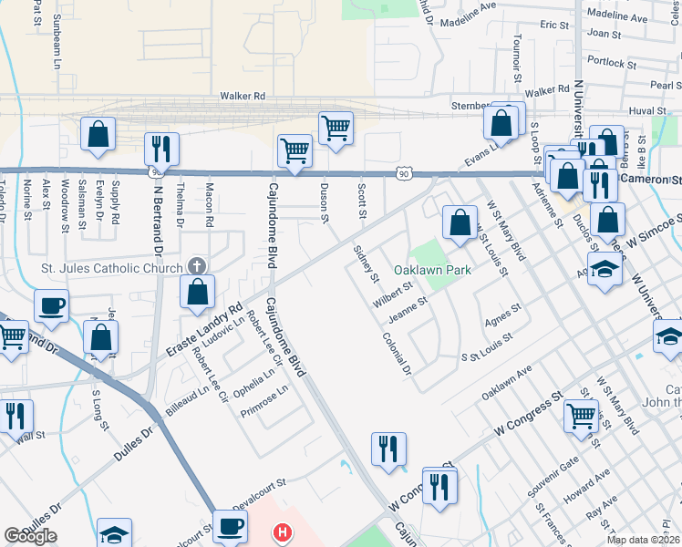 map of restaurants, bars, coffee shops, grocery stores, and more near 606-608 Colonial Drive in Lafayette