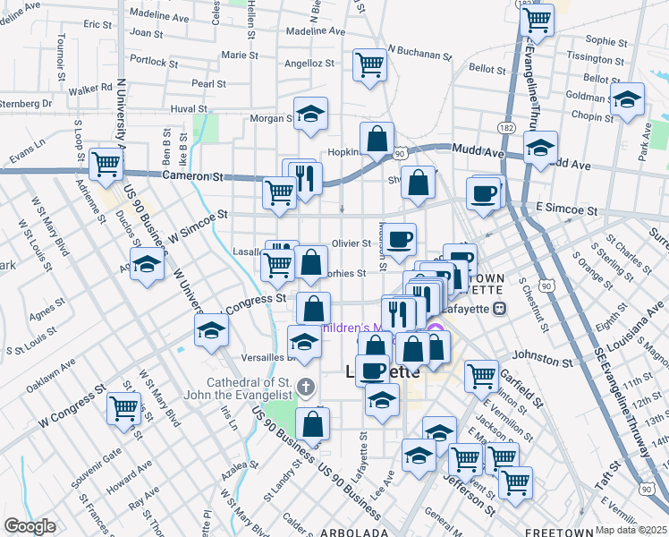 map of restaurants, bars, coffee shops, grocery stores, and more near 600 South Washington Street in Lafayette
