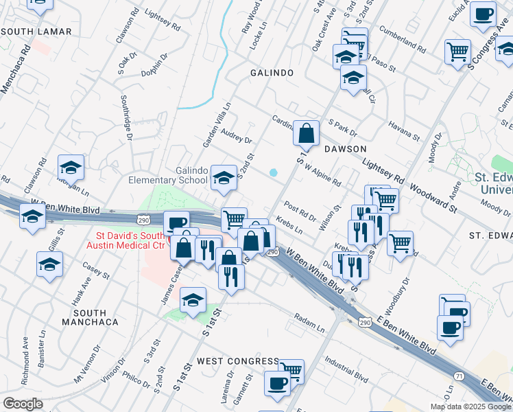 map of restaurants, bars, coffee shops, grocery stores, and more near 706 West Ben White Boulevard in Austin