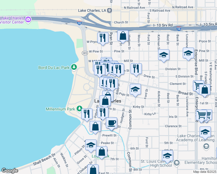 map of restaurants, bars, coffee shops, grocery stores, and more near 822 Ryan Street in Lake Charles