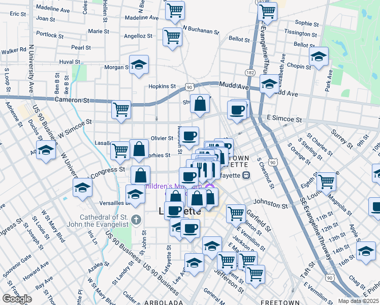 map of restaurants, bars, coffee shops, grocery stores, and more near 518 South Pierce Street in Lafayette