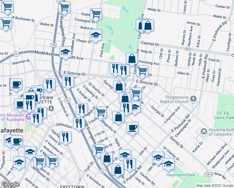 map of restaurants, bars, coffee shops, grocery stores, and more near 717 Louisiana Ave in Lafayette