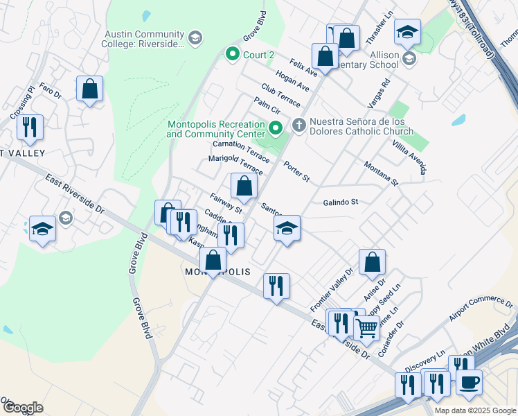 map of restaurants, bars, coffee shops, grocery stores, and more near 6305 Santos Street in Austin