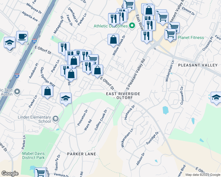 map of restaurants, bars, coffee shops, grocery stores, and more near 4044 East Oltorf Street in Austin