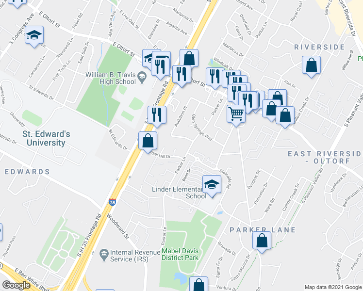 map of restaurants, bars, coffee shops, grocery stores, and more near in Austin