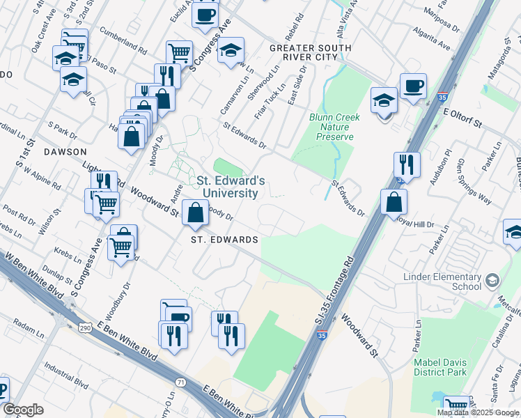 map of restaurants, bars, coffee shops, grocery stores, and more near 520 Woodward Street in Austin