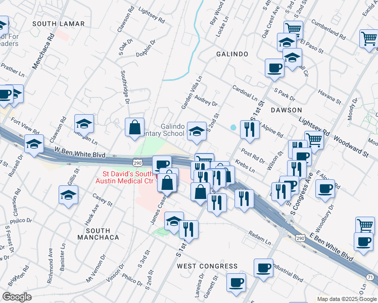 map of restaurants, bars, coffee shops, grocery stores, and more near 3809 South 2nd Street in Austin