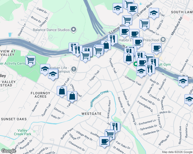 map of restaurants, bars, coffee shops, grocery stores, and more near 4605 Tejas Trail in Austin