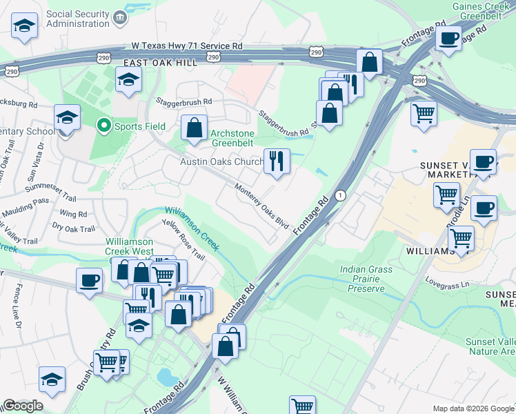 map of restaurants, bars, coffee shops, grocery stores, and more near Monterey Oaks Boulevard in Austin