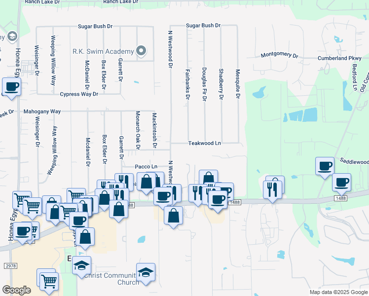 map of restaurants, bars, coffee shops, grocery stores, and more near 5603 Teakwood Lane in Magnolia