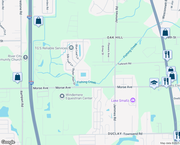 map of restaurants, bars, coffee shops, grocery stores, and more near 6637 Gentle Oaks Drive East in Jacksonville